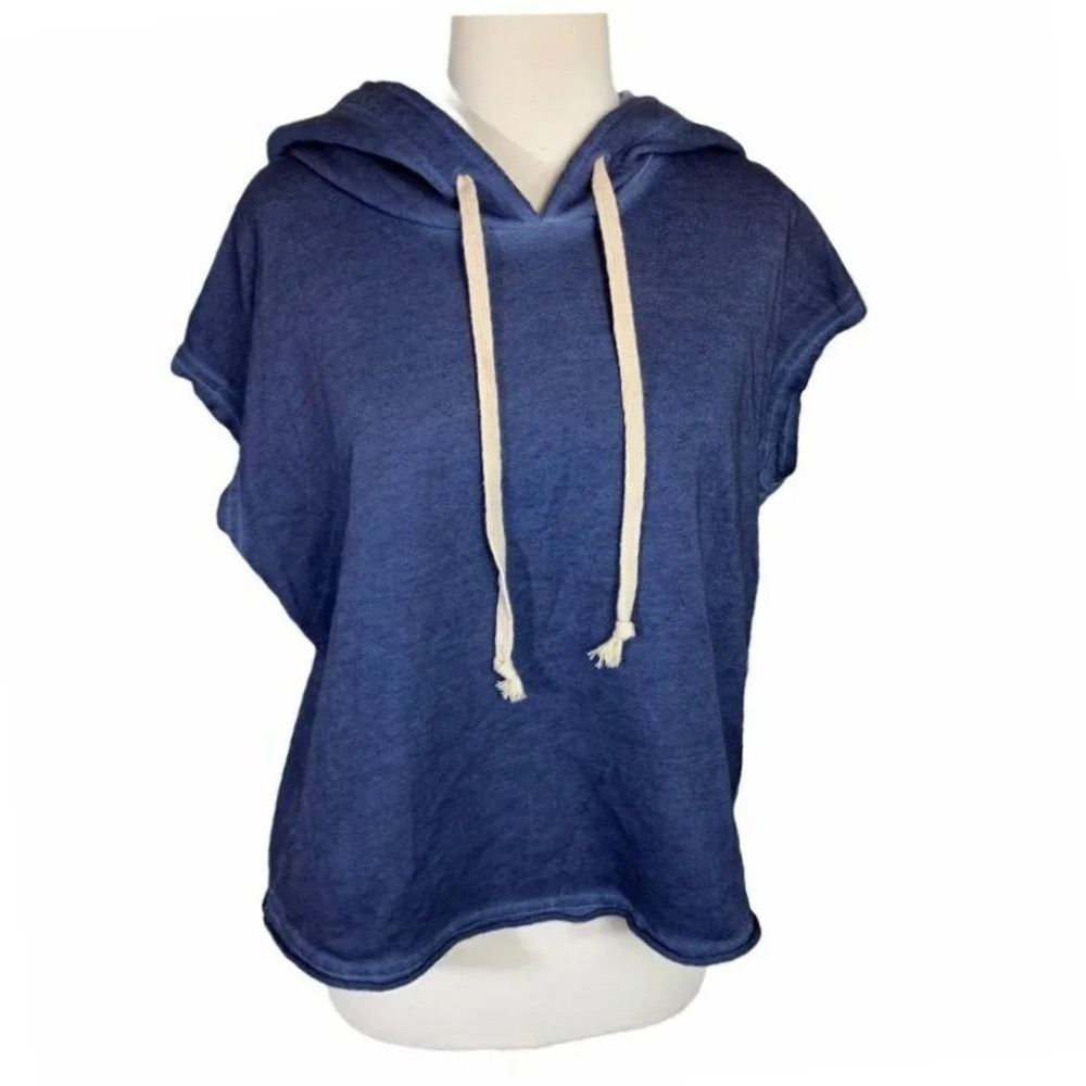 POL Sleeveless‎ Hoodie Small Indigo Blue Raw Hem Waffle Knit Cotton Sweatshirt